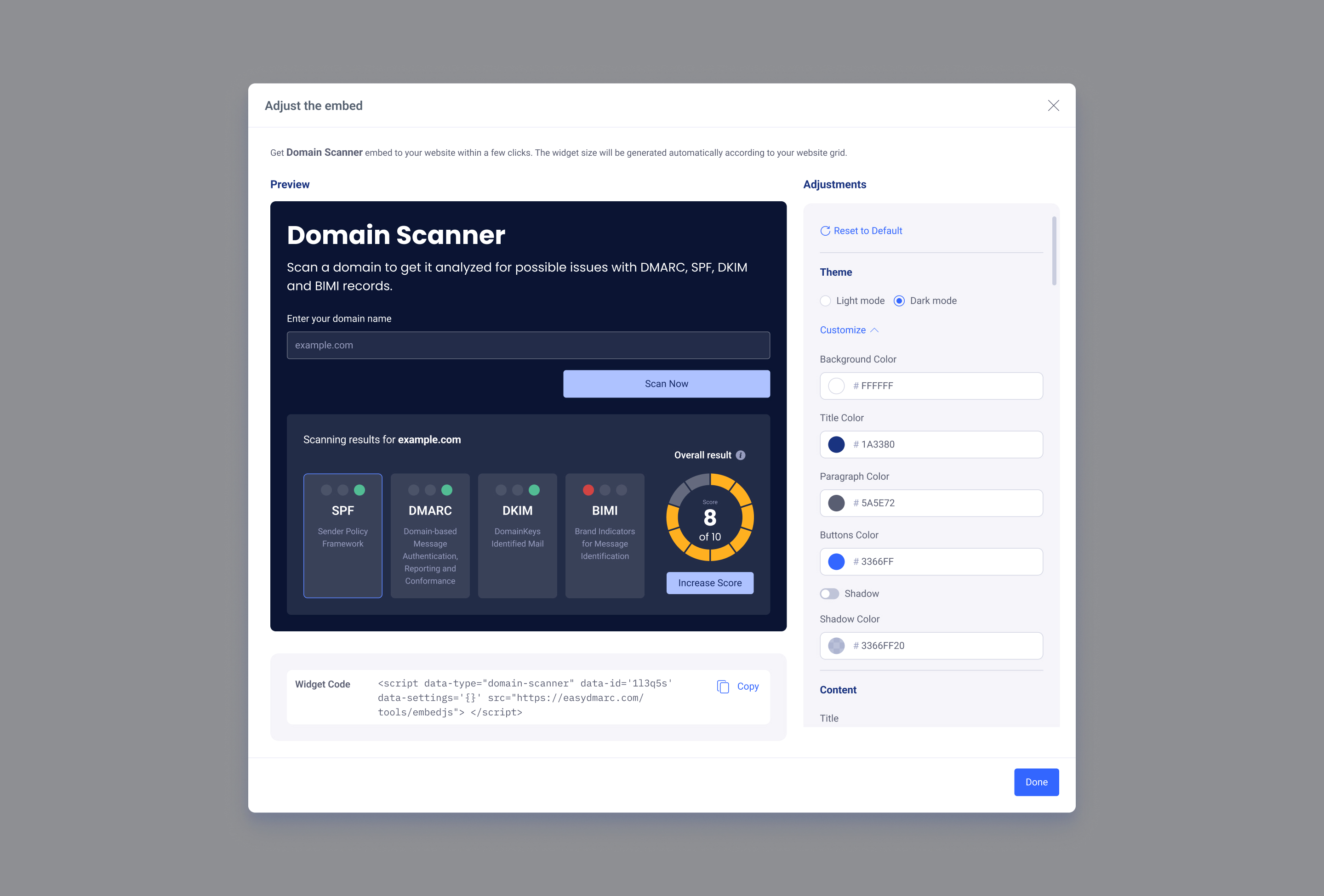 Adjust the embed modal, dark theme with the full Customize panel open — the same color controls on the right and a navy-themed live preview with a sample scan result on the left.