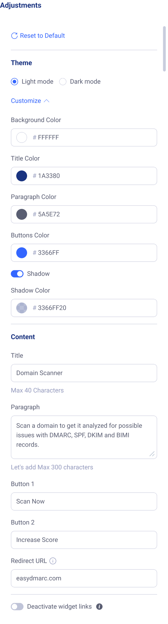 The embed Adjustments / settings bar in detail — Reset to Default, Theme (Light / Dark), a Customize section with Background, Title, Paragraph, Buttons and Shadow colors, a Content section with editable Title and Paragraph and Button 1 / Button 2 labels, a Redirect URL field, and a 'Deactivate widget links' toggle.