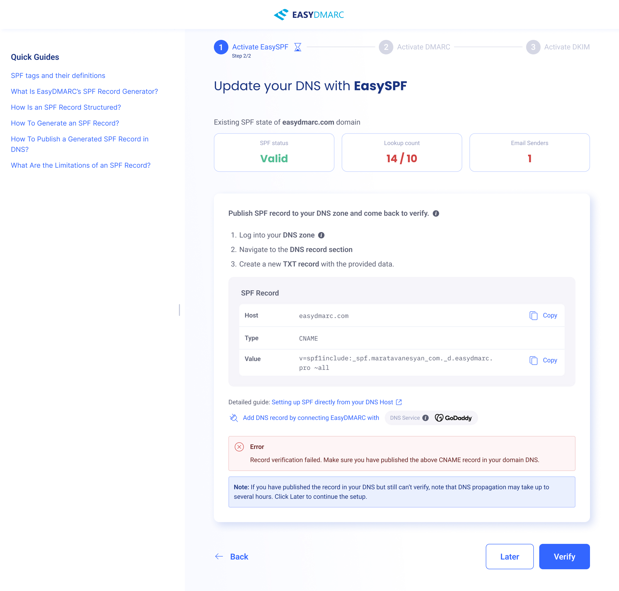 SPF track, publish & verify — 'Update your DNS with EasySPF' (Step 2/2), numbered DNS instructions, an SPF record card with Host / Type / Value and Copy buttons, a Quick Guides sidebar, a red 'Record verification failed' error state, and a Verify button.