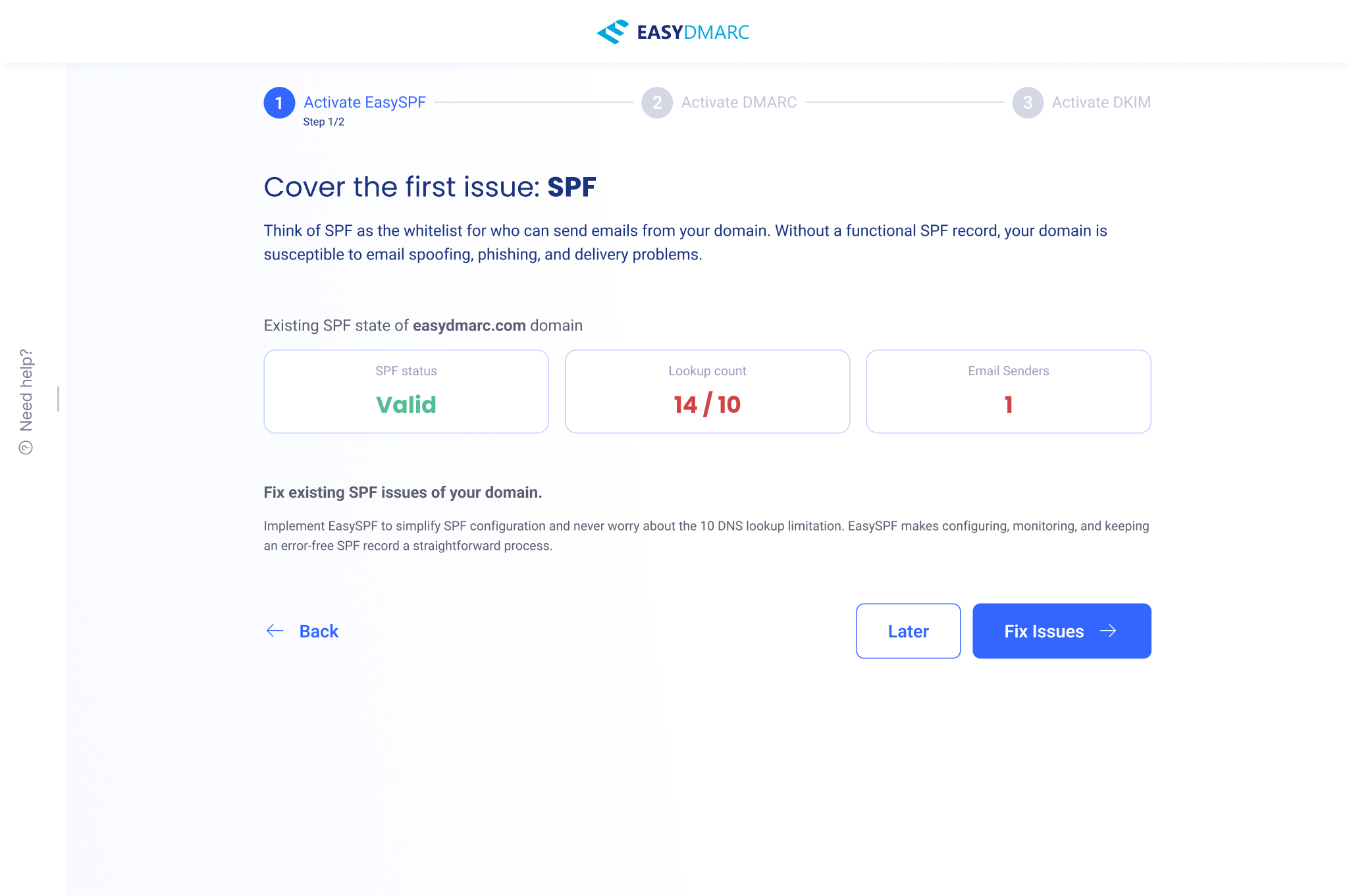 SPF track, intro — 'Cover the first issue: SPF', a plain-language explanation of SPF, the domain's existing SPF state (status Valid, lookup count 14/10 in red, 1 email sender), and Later / Fix Issues buttons.