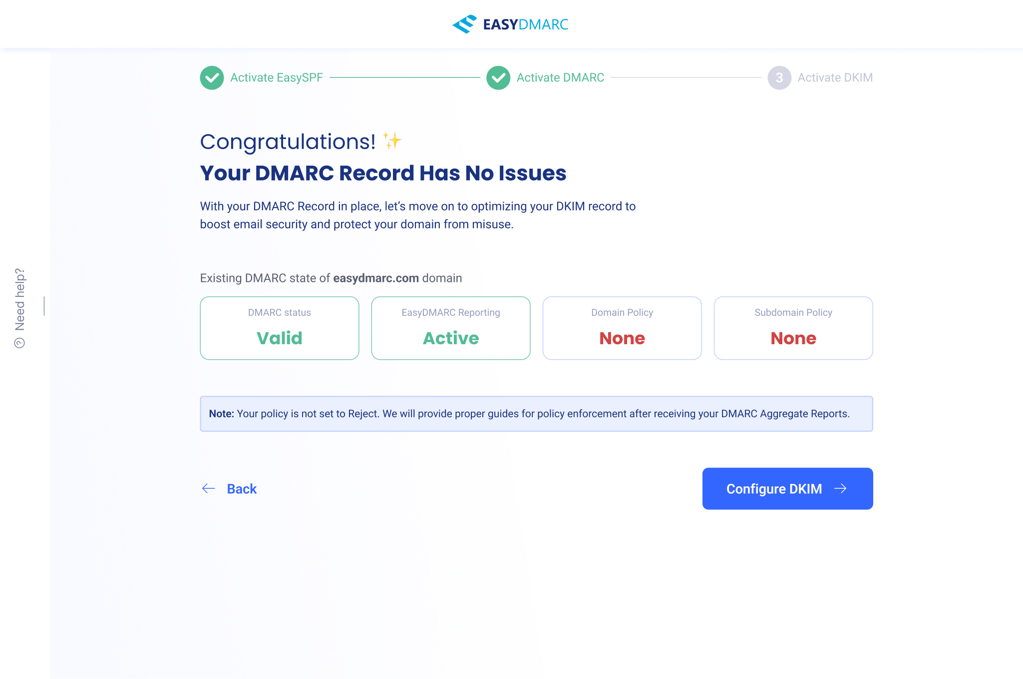 DMARC track, success — 'Congratulations! Your DMARC Record Has No Issues', status cards now showing Valid and Active, a note about policy enforcement after aggregate reports arrive, and a primary Configure DKIM button.