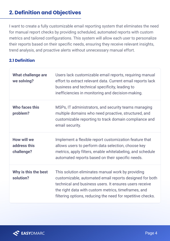PRD 'Definition and Objectives' page — a table answering What challenge are we solving, Who faces this problem, How will we address it, and Why is this the best solution.