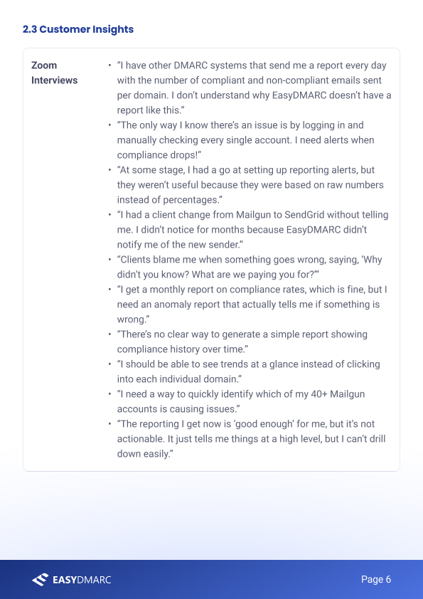 A PRD 'Customer Insights — Zoom Interviews' page listing verbatim user quotes about reporting pain: wanting daily compliance reports, alerts when compliance drops, percentage-based alerts, and drill-down trends.