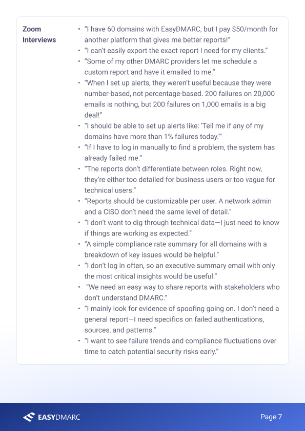 A second PRD 'Zoom Interviews' page of verbatim quotes — paying for other platforms for better reports, needing exportable client-ready reports, role-based detail levels, and executive summary emails.