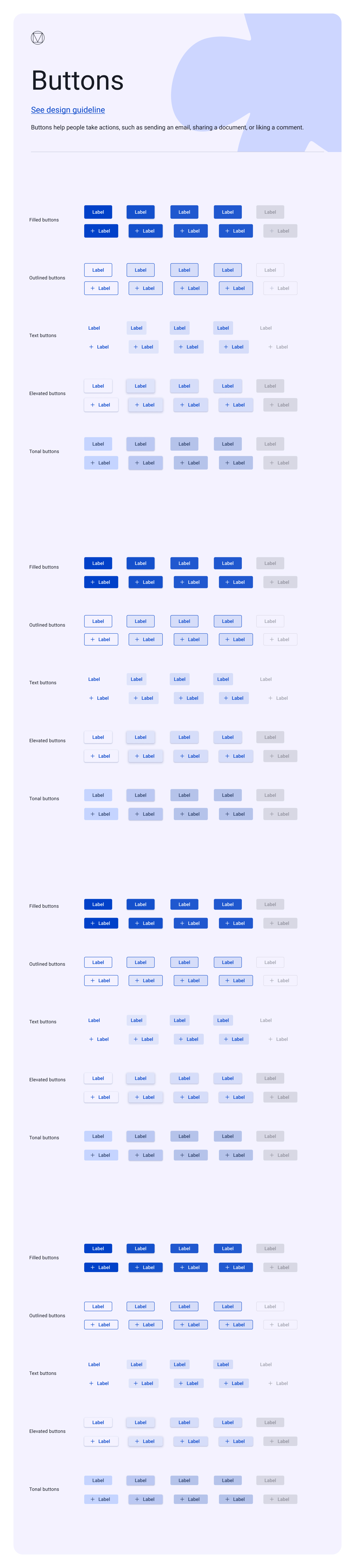 EasySender buttons — Material 3 filled, outlined, text, elevated, and tonal button types, each across sizes and full enabled / hover / focus / pressed / disabled states, with and without a leading icon.