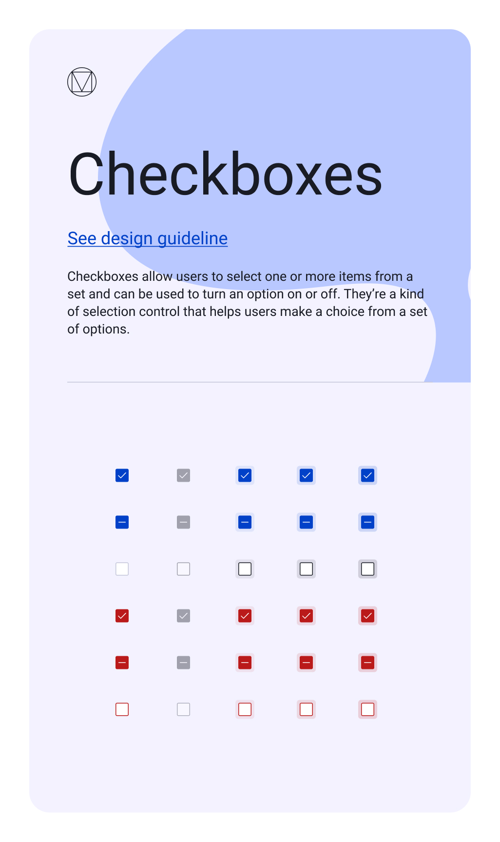 EasySender checkboxes — selected, indeterminate, and unselected states in primary and error colors, each with resting, hover, focus, and pressed treatments.