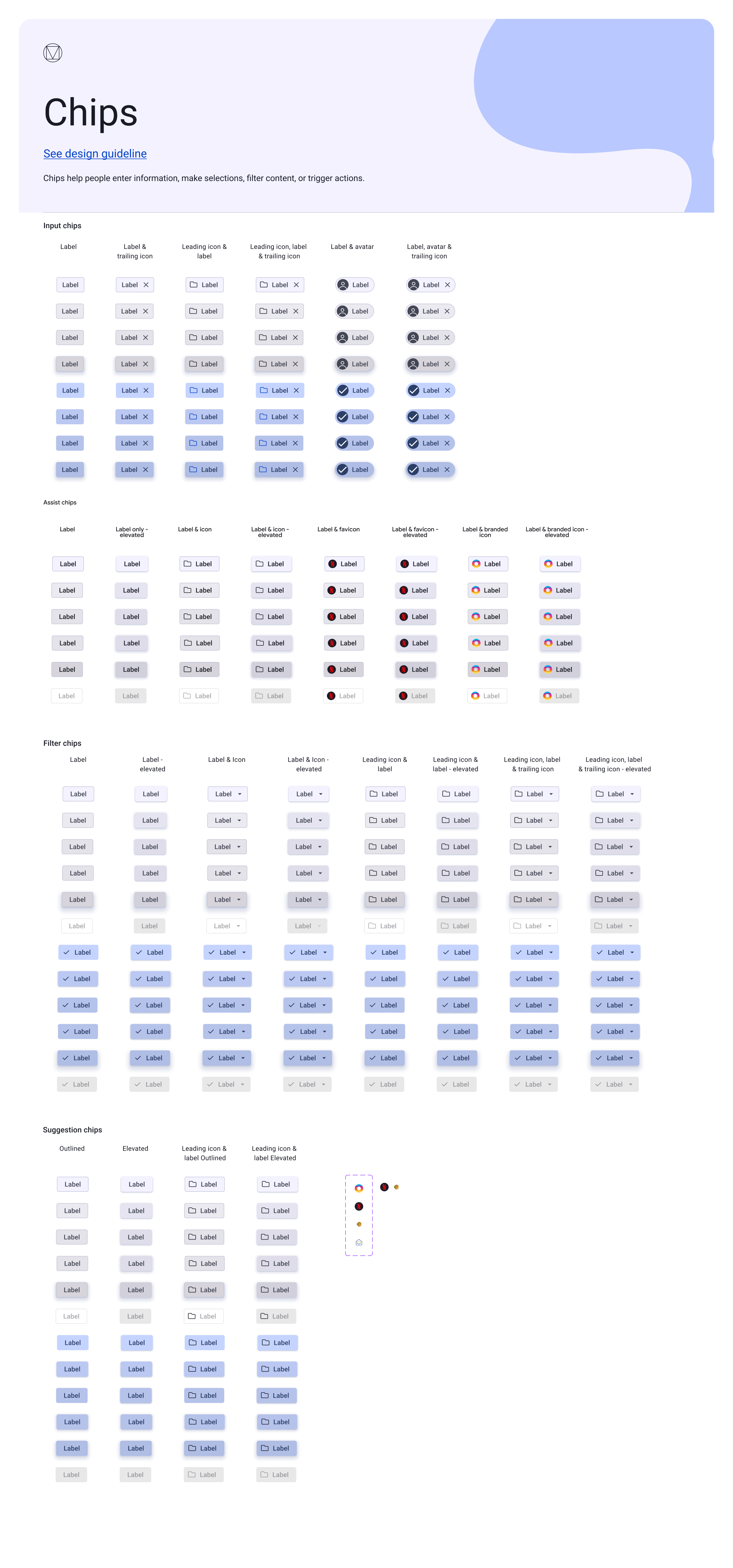 EasySender chips — input, assist, filter, and suggestion chips with label, leading icon, avatar, trailing icon, elevated, and selected variants.