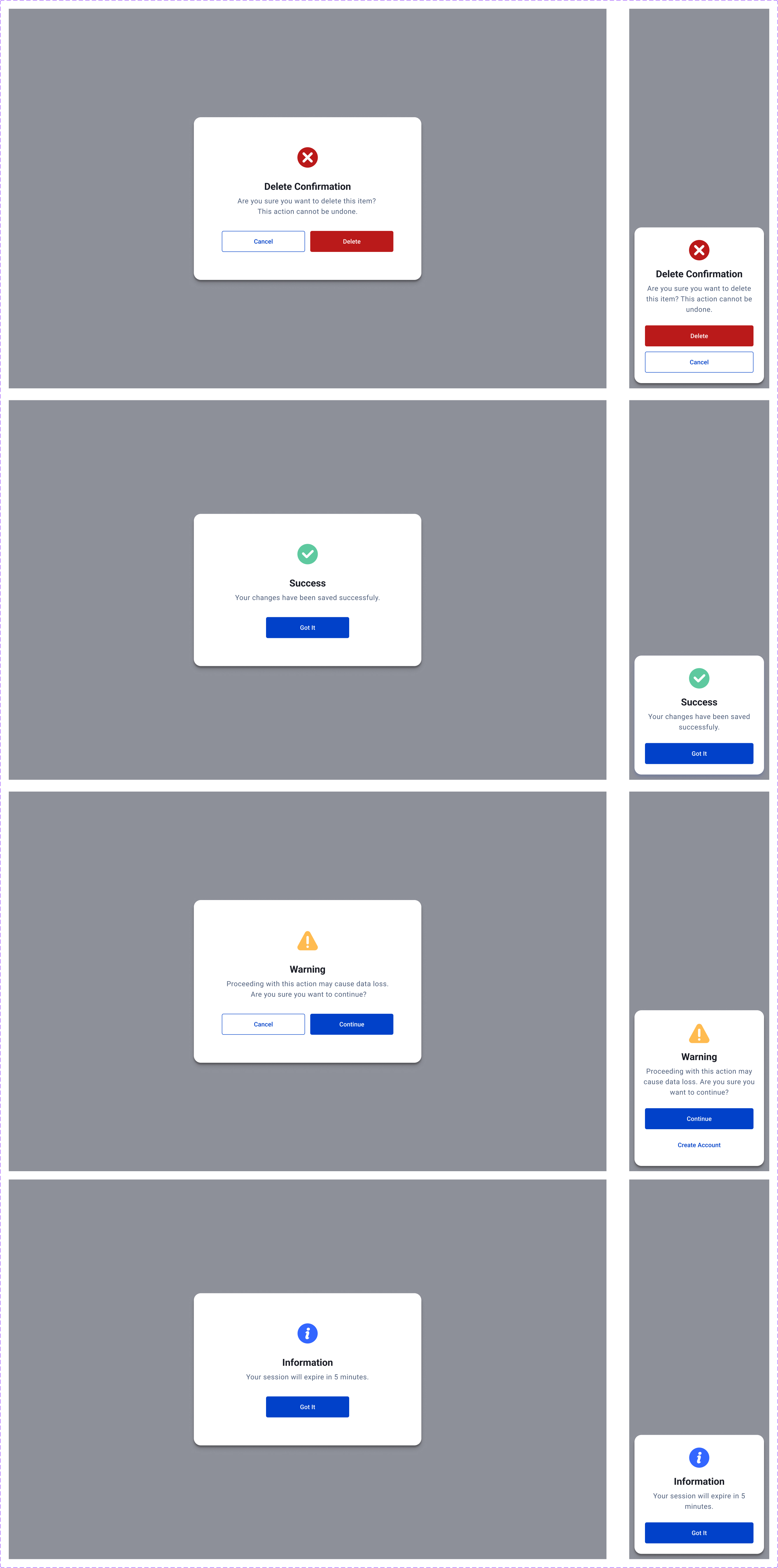 EasySender message-box dialogs — Delete confirmation (error), Success, Warning, and Information variants with icon, title, body, and actions, shown for desktop and mobile.
