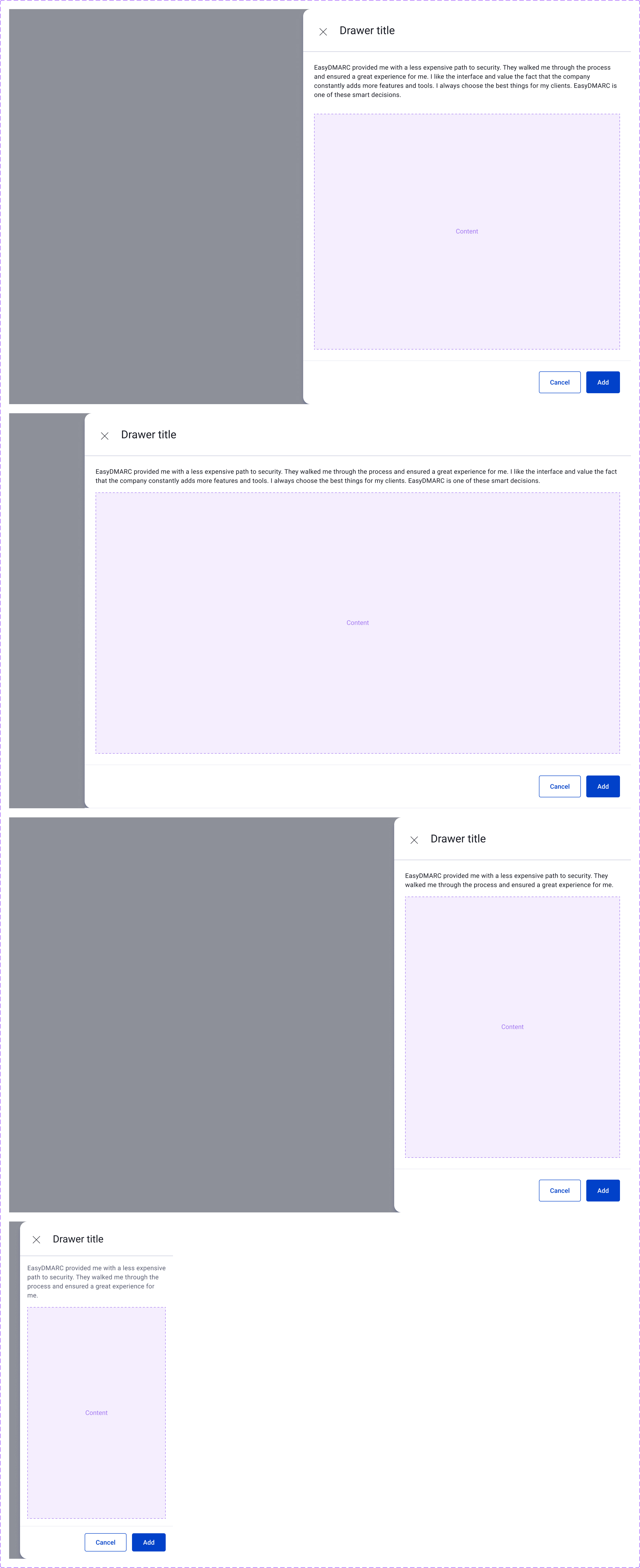 EasySender drawer — right-side panel with title, body copy, content area, and Cancel / Add actions, shown at desktop full-height, half-height, and mobile widths.
