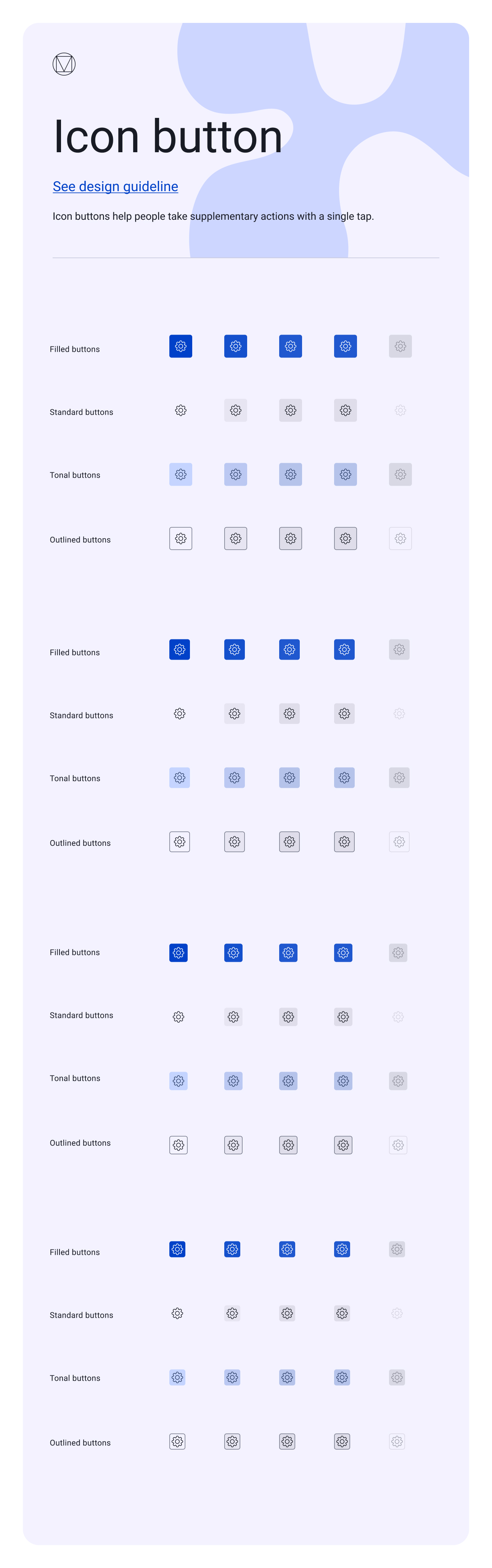 EasySender icon buttons — filled, standard, tonal, and outlined styles across sizes and states.