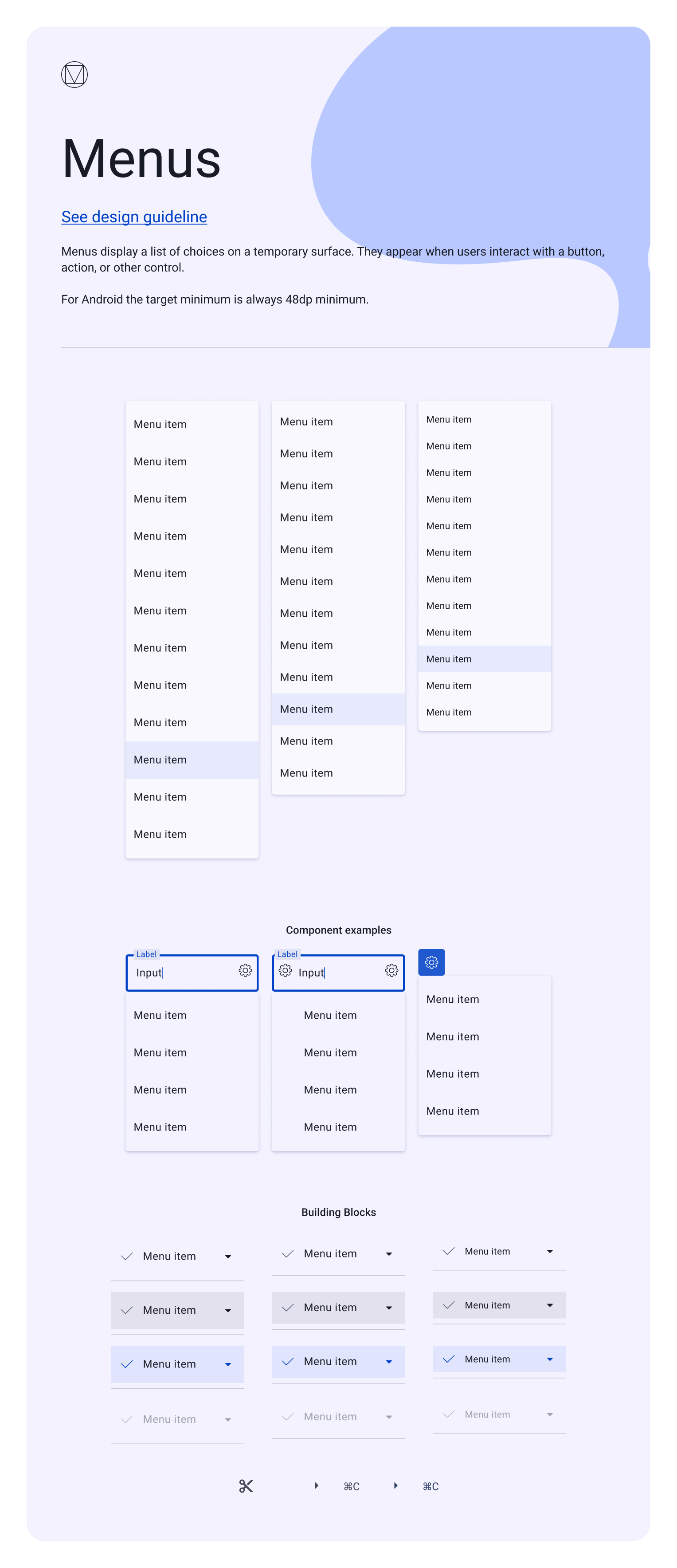 EasySender menus — dropdown menus at three densities, plus component examples anchored to text fields and icon buttons, and the menu-item building blocks with selected and disabled states.