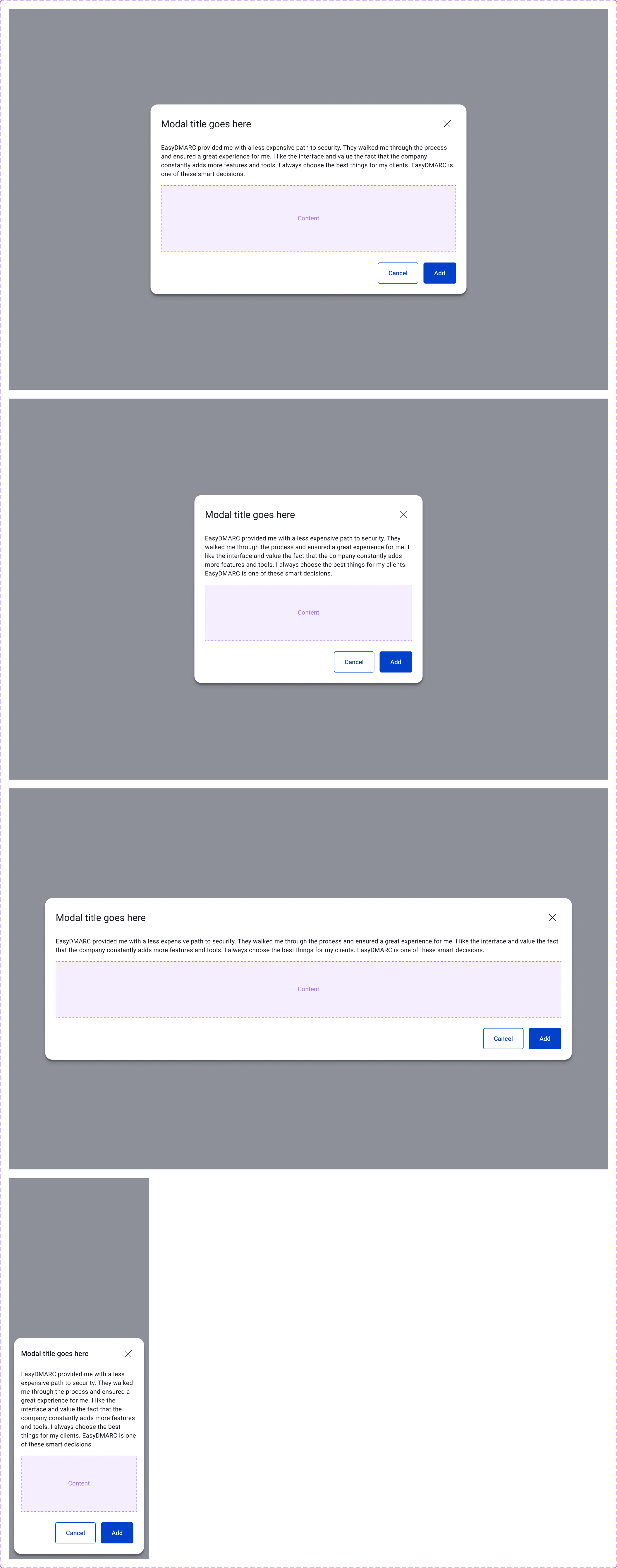 EasySender modal — centered modal with title, body, content area, and Cancel / Add actions, shown at narrow, medium, wide, and mobile widths.
