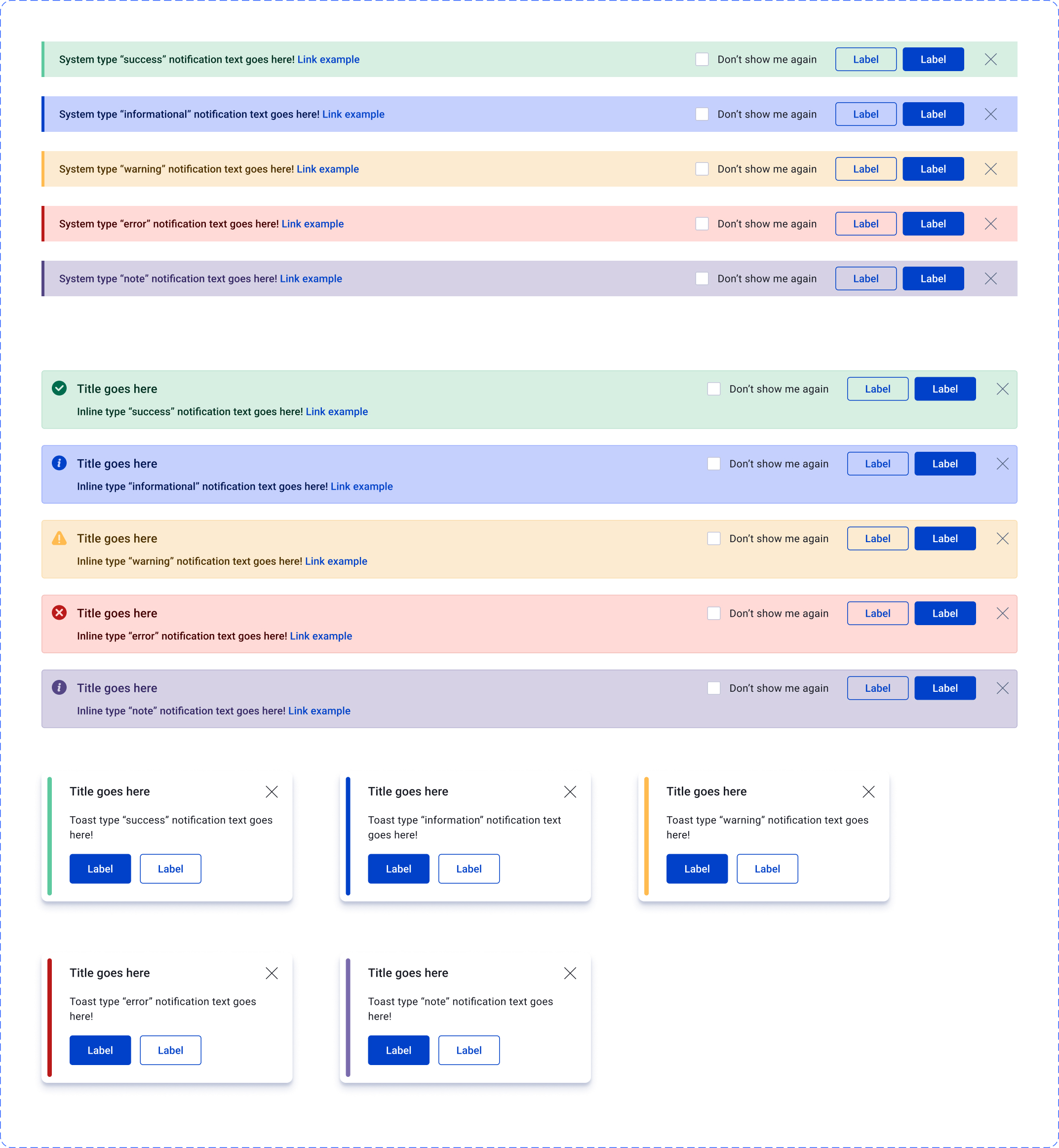 EasySender notifications — system, inline, and toast notifications across success, informational, warning, error, and note types, with links, dismiss, 'Don't show again', and label actions.