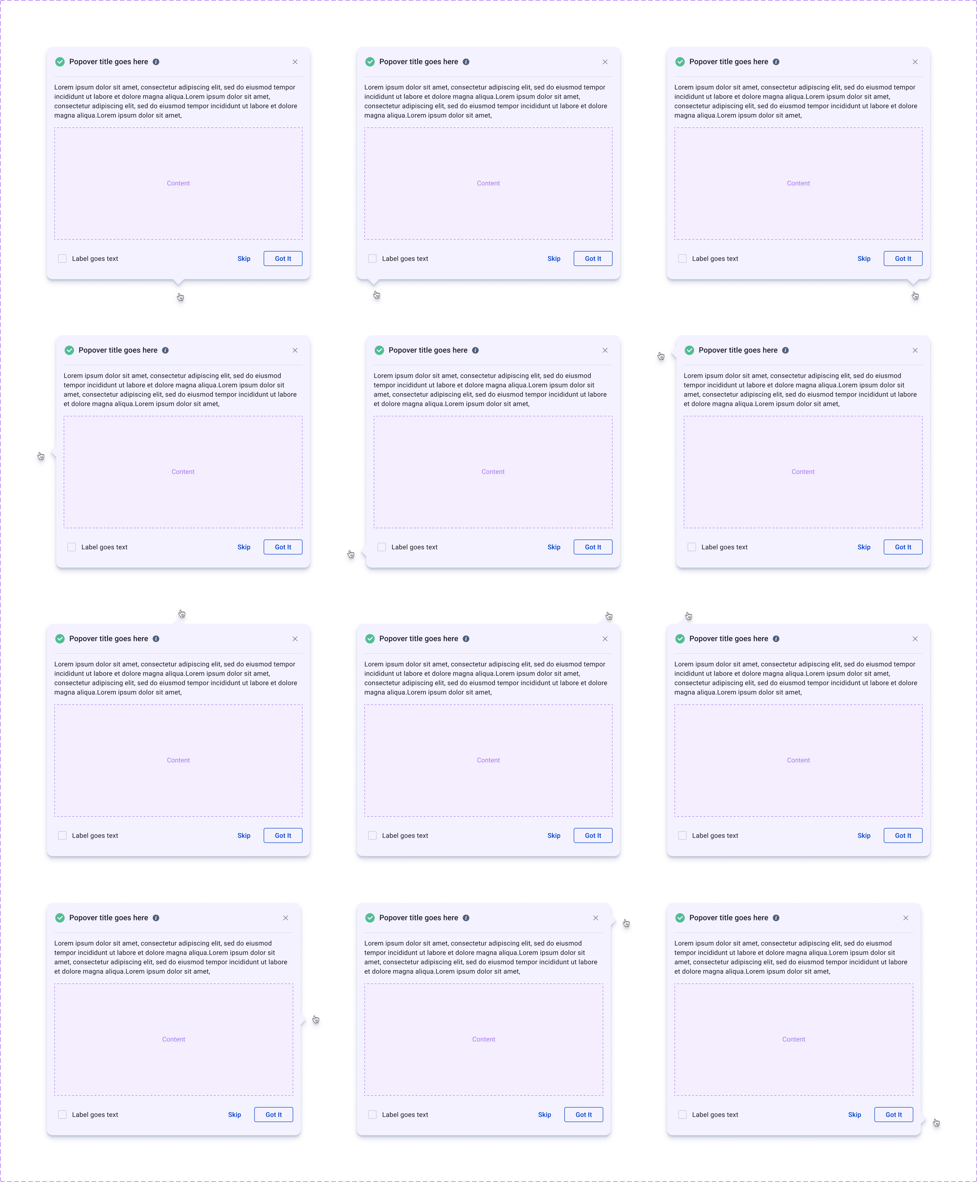 EasySender rich tooltips — titled popovers with body copy, content area, a checkbox, and Skip / Got It actions, shown across placements.