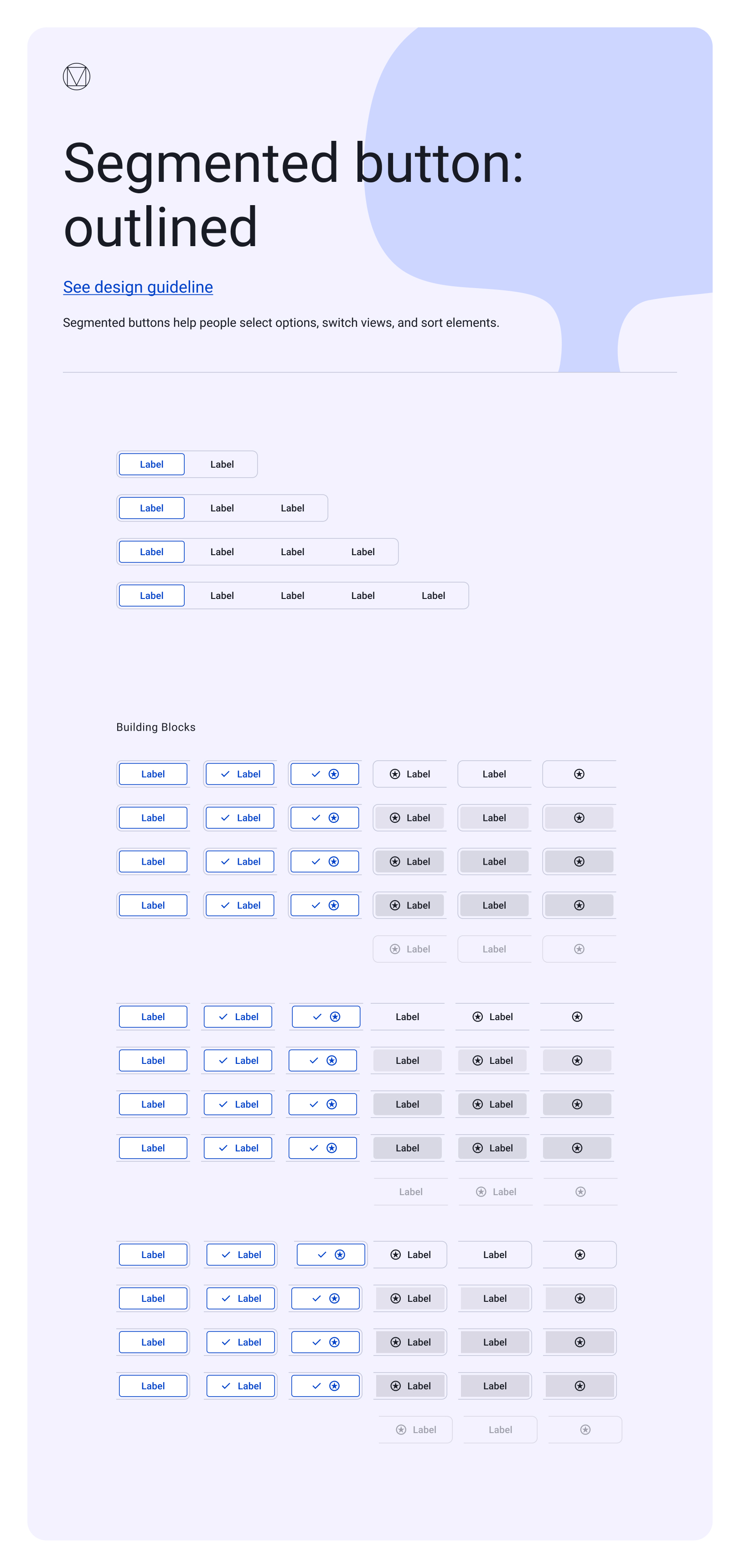 EasySender outlined segmented buttons — two- to five-segment groups for switching views and sorting, plus the building-block states with check and icon affordances.