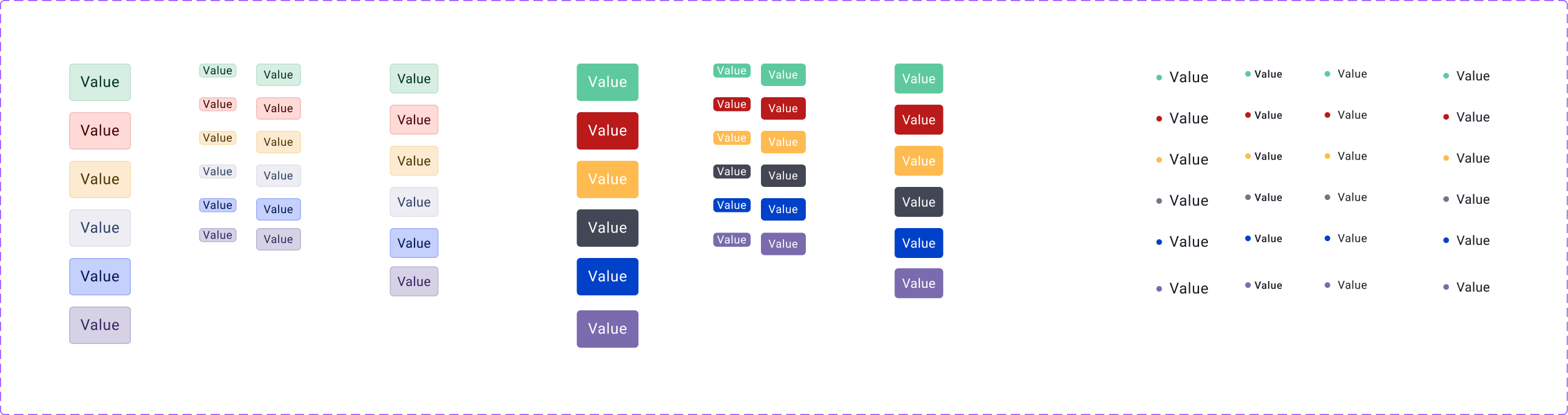 EasySender status indicators and tags — semantic color set (success, error, warning, neutral, informative, discovery) shown as filled tags, outlined tags, sizes, and dot indicators.