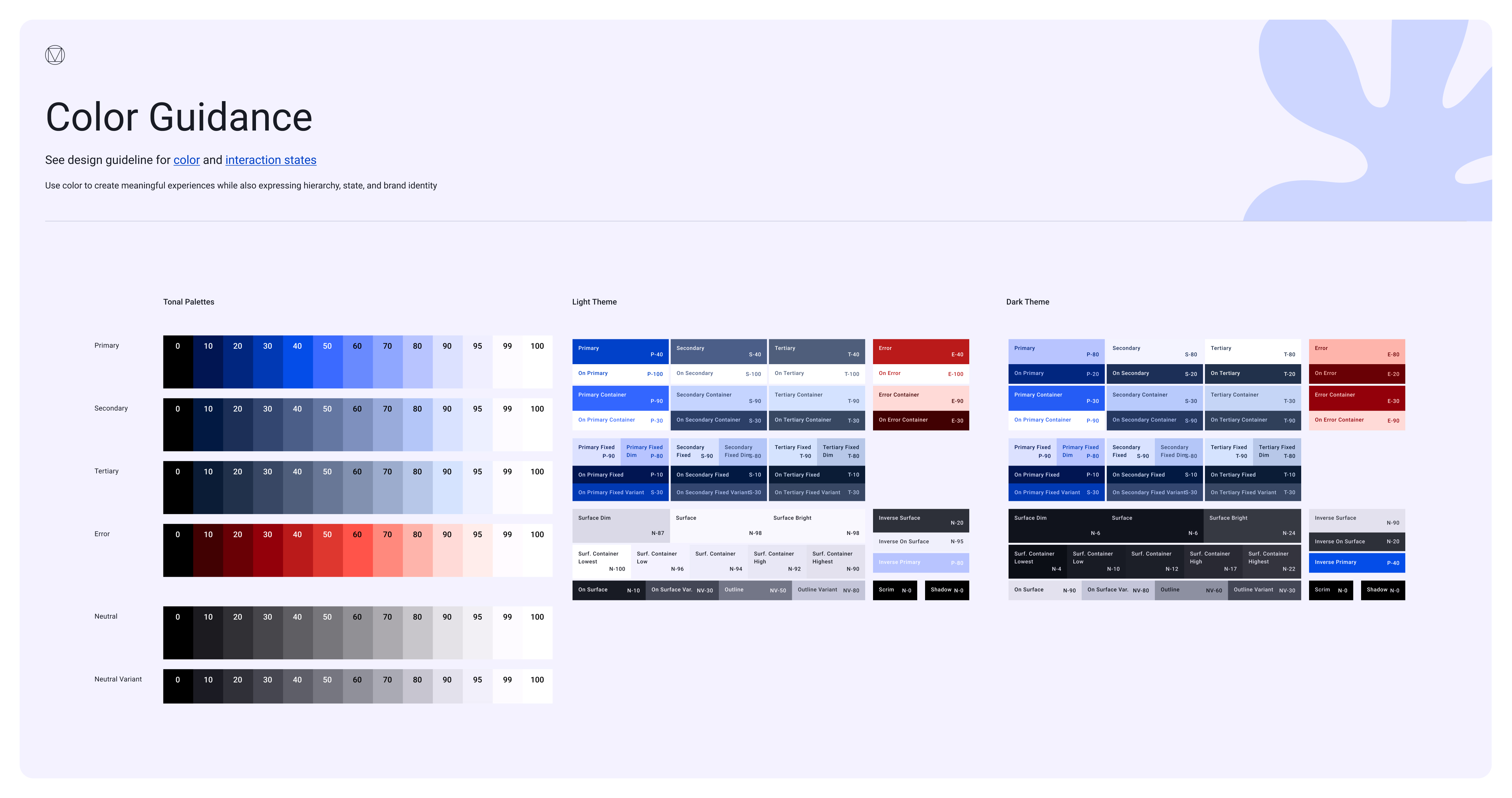 EasySender color guidance — Material 3 tonal palettes (Primary, Secondary, Tertiary, Error, Neutral, Neutral Variant) at steps 0–100, beside complete light-theme and dark-theme role token maps.