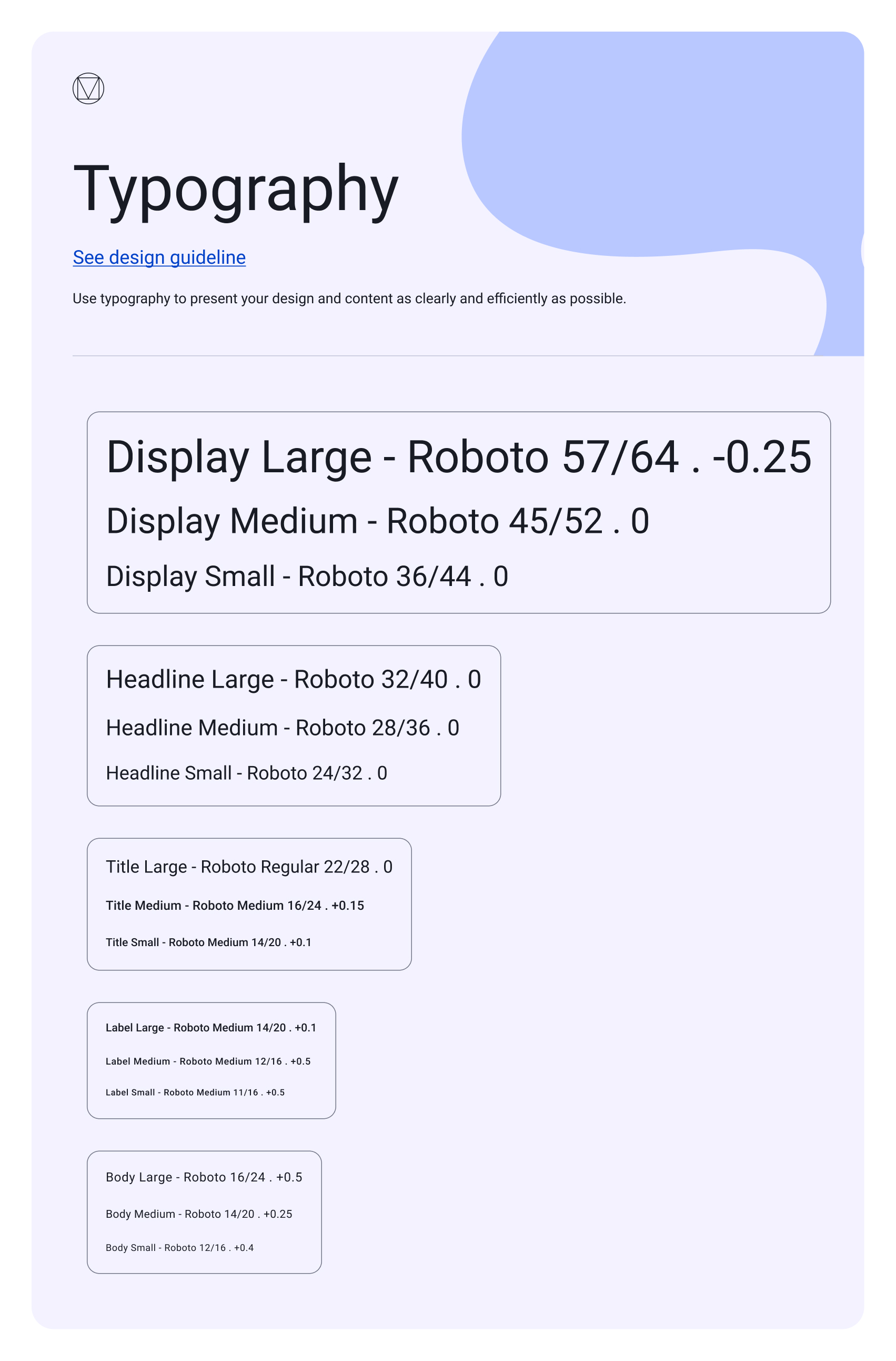 EasySender typography — the Material 3 type scale in Roboto: Display, Headline, Title, Label, and Body styles, each with size, line height, and letter-spacing values.