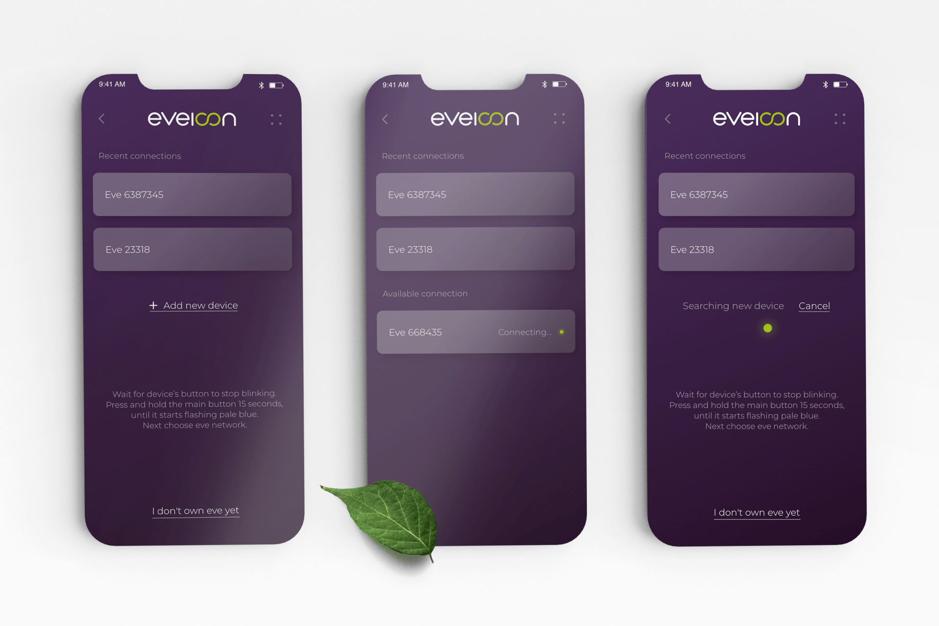 Animated device pairing flow — recent connections list, an Add new device action, a Searching new device state with a pulsing green dot, and an available device showing Connecting.