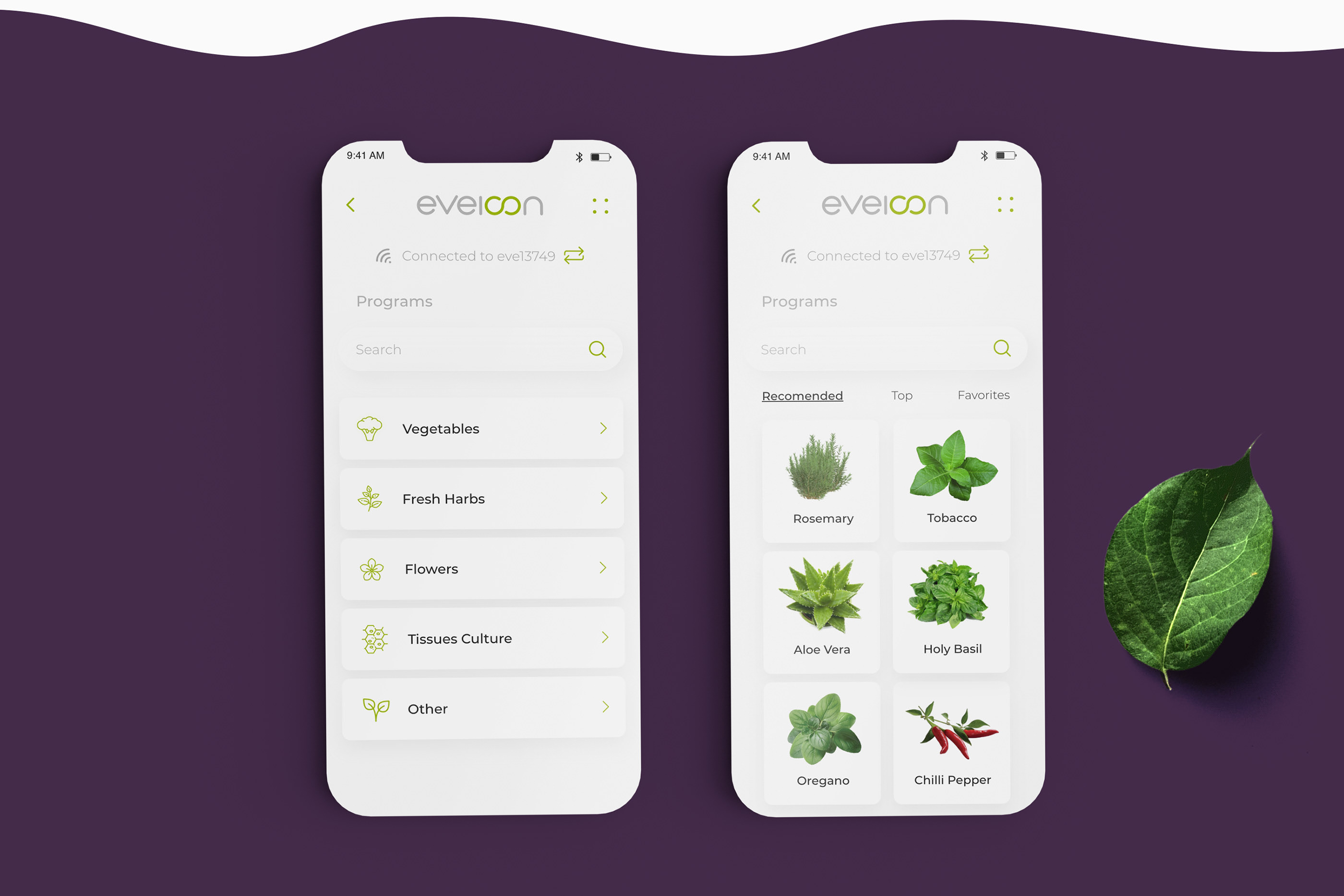 Programs screens — a category list with Vegetables, Fresh Herbs, Flowers, Tissues Culture and Other, and a grid of plant cards including Rosemary, Tobacco, Aloe Vera, Holy Basil, Oregano and Chilli Pepper.