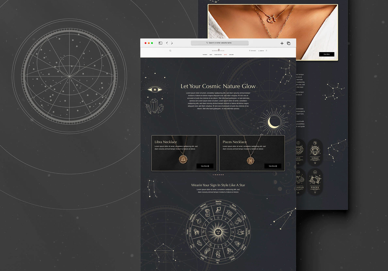 Karma and Luck — dark cosmic zodiac landing page shown in stacked browser mockups against a deep starry background.