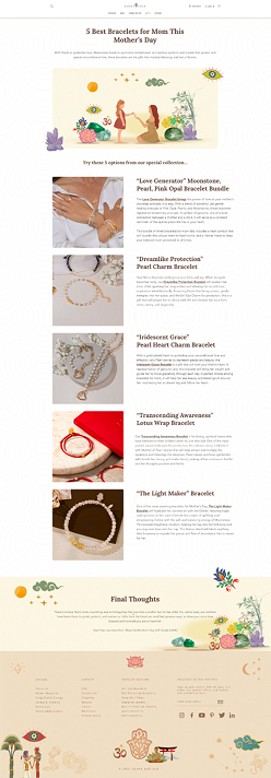 Bracelets meaning blog — editorial grid of seven blog cards on amethyst, chakra jewelry, red string, tree of life, birthstones, and zodiac signs.