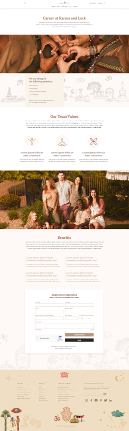 Career at Karma and Luck — open positions, team values, group portrait of the team, benefits, and an employment application form.