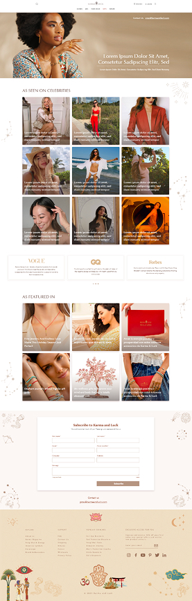 As Seen On Celebrities — editorial grid of nine celebrity moments wearing Karma and Luck, with Vogue, GQ, and Forbes press-feature blocks below.