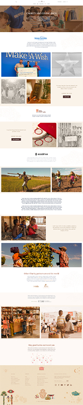 Charity & giving back landing — Make-a-Wish and Ecodrive partnerships, documentary photography from charity field work, and impact numbers.