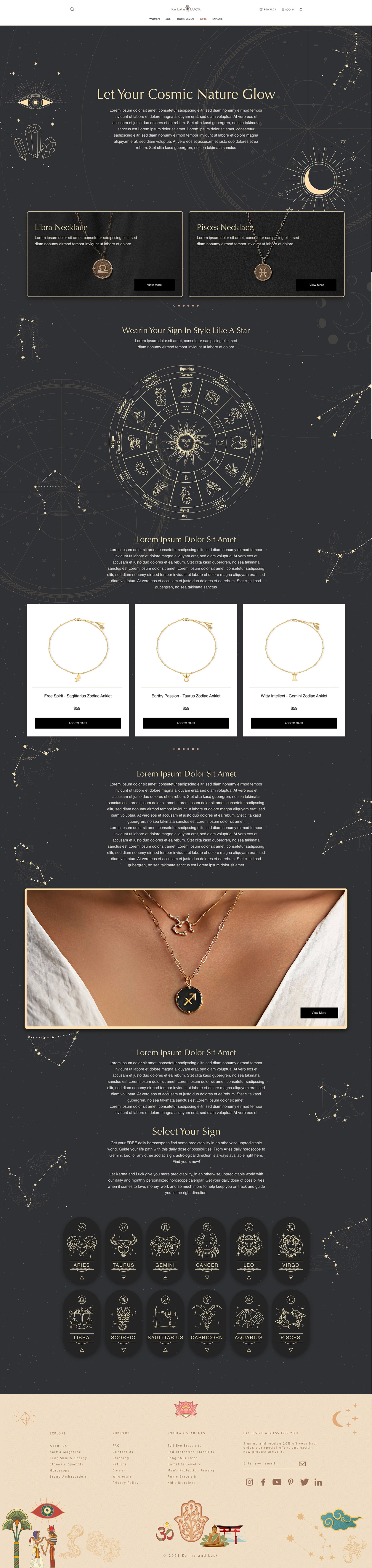 Karma and Luck — full Zodiac landing page with pearl-on-black typography, a central zodiac wheel, product cards, and the twelve sign medallions at the foot of the page.