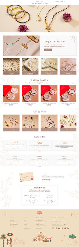 Gifts landing — flat-lay hero of jewelry with florals, holiday bundles, gift-by-price grid, and a Vogue / GQ / Forbes featured-in strip.