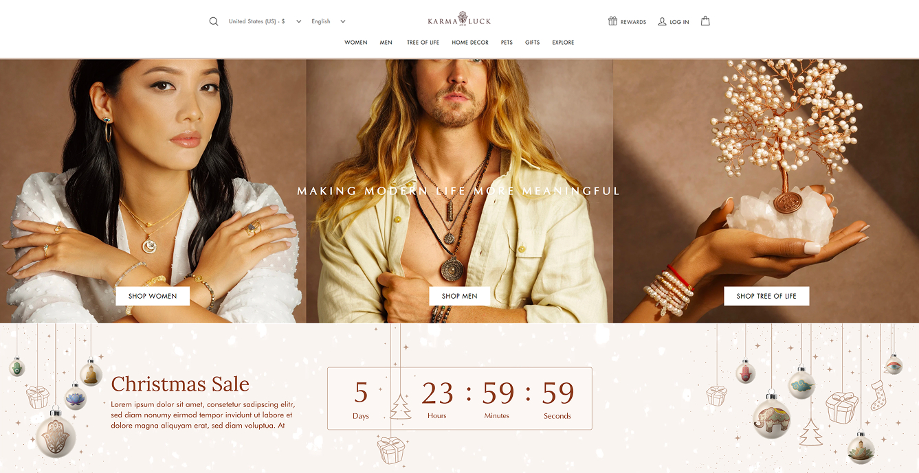 Christmas sale countdown — banner with a three-up model triptych shoppable category, ornament-and-snow framing, and a days/hours/minutes/seconds countdown timer.