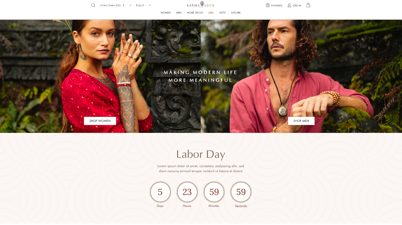 Labor Day countdown — model triptych hero above a soft circular-mandala countdown banner with circular day/hour/minute/second tiles.