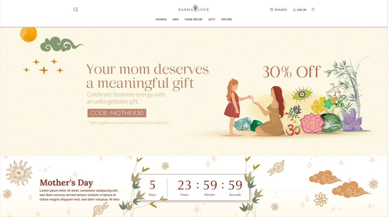 Mother's Day countdown — warm beige banner with an illustrated mother-and-daughter scene, '30% Off' headline, MOTHER30 code, and a botanical countdown timer.