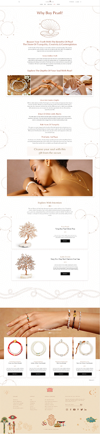 Why Buy Pearl? — symbolic editorial page explaining the meaning of pearl, with imagery and product cards for tree-of-life pieces.