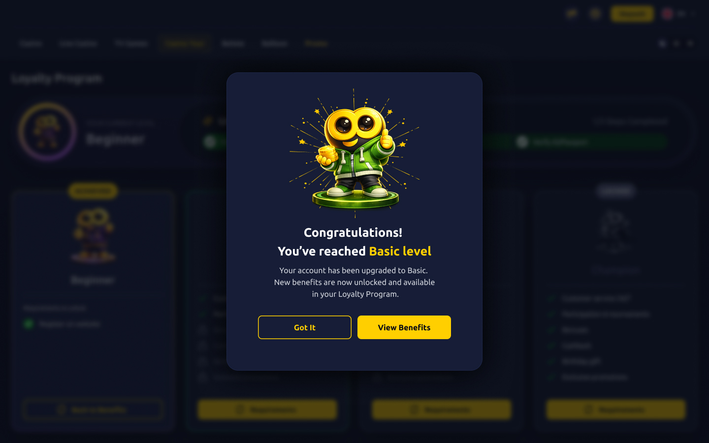 Level-up celebration modal, dark theme — a glowing green-jacketed mascot with 'Congratulations! You've reached Basic level' and 'Got It' and 'View Benefits' buttons.