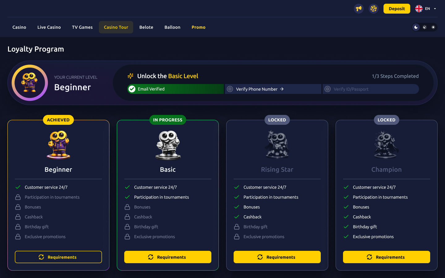 Loyalty Program concept — a dark-themed live-casino loyalty dashboard with four tiered character cards, a progress tracker, and benefits checklists.