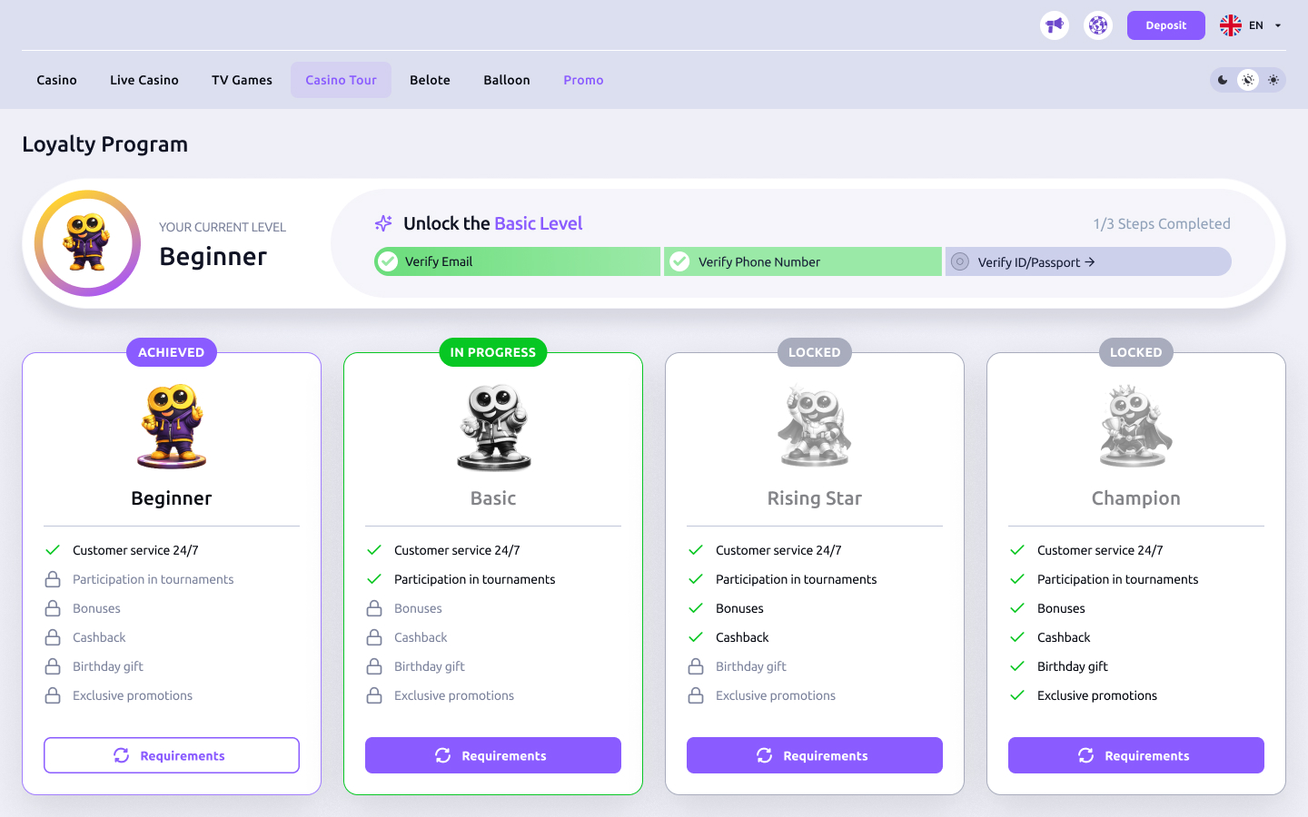 Loyalty Program in light theme — bright lavender background with a violet accent, the same four tier cards and step tracker.