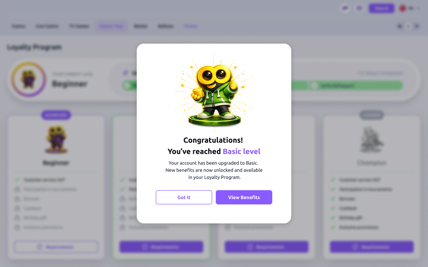 Level-up celebration modal, light theme — the same celebratory mascot on a white modal with violet accents over a dimmed page.