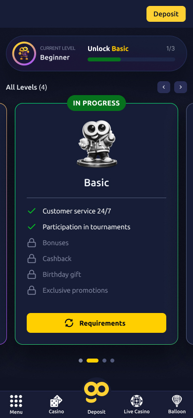 Mobile, dark — Basic tier, In Progress, two benefits unlocked.