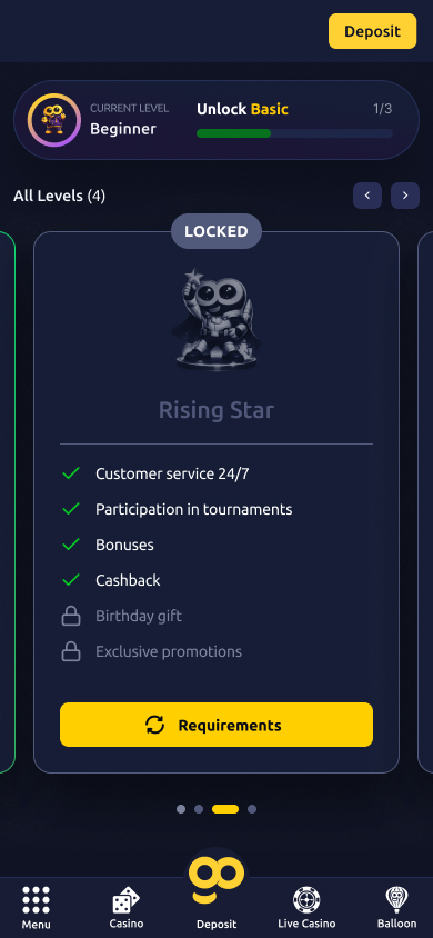 Mobile, dark — Rising Star tier, Locked, four benefits previewed.