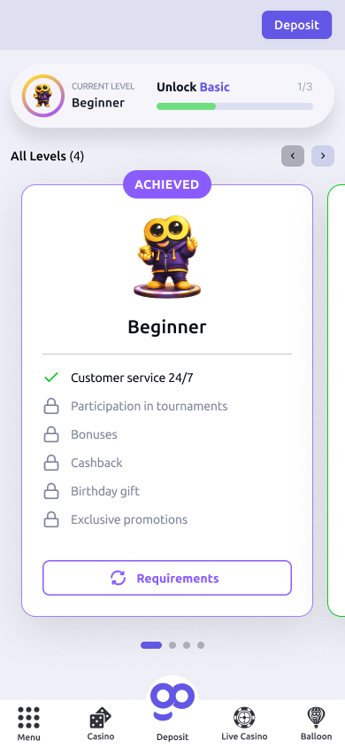 Mobile, light — Beginner tier, Achieved, violet accent.