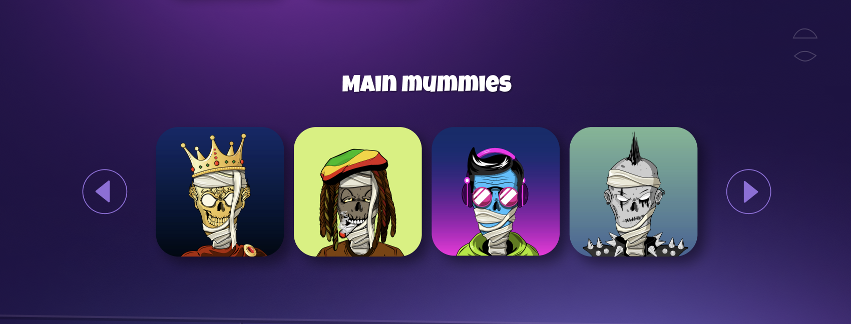 The 'Main Mummies' showcase carousel — four standout characters on bold square tiles: a crowned king mummy on navy, a dreadlocked rasta mummy on lime green, a cyberpunk mummy with blue skin and pink headphones on magenta, and a spiked-collar mohawk mummy on teal — with left and right carousel arrows.