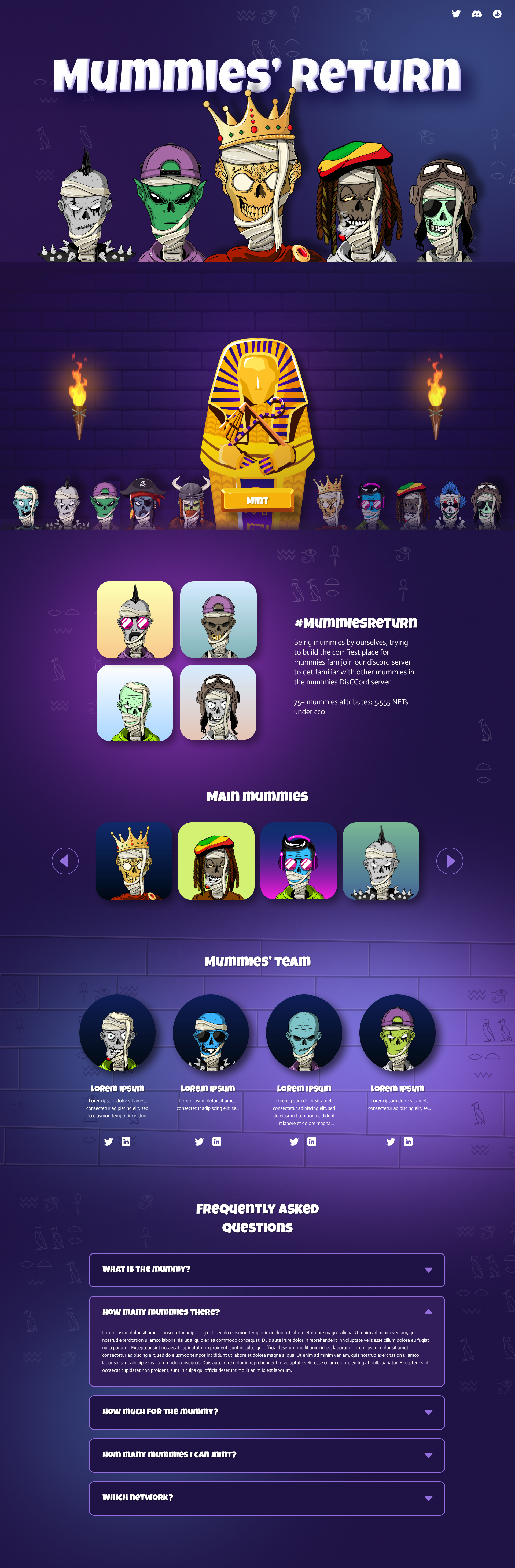 The full Mummies' Return landing page, top to bottom — the 'Mummies' Return' hero with five characters, the torch-lit pharaoh sarcophagus mint scene with a row of mummies, the #MummiesReturn story block with a four-up sample grid, the Main Mummies carousel, a four-member Mummies' Team section with placeholder bios and social links, and a Frequently Asked Questions accordion.