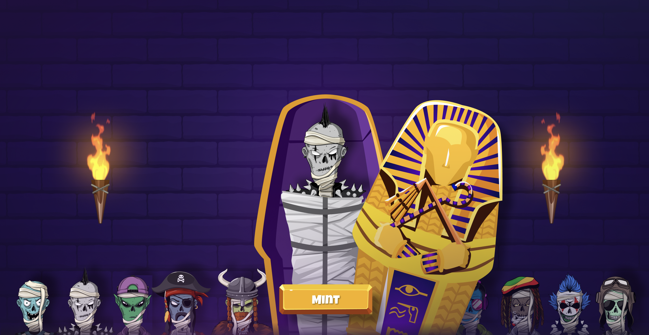The mint scene mid-reveal — the golden sarcophagus has opened to expose a purple-lined inner coffin, and a freshly-wrapped mohawk mummy with a spiked collar rises out of it beside the pharaoh case, while the row of characters and torches frame the wall.
