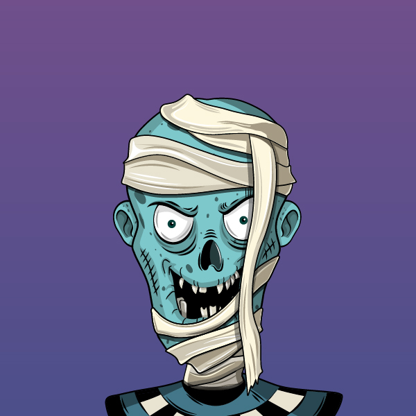 Aviator mummy — a green skull in a brown leather flight cap and goggles with dark aviator sunglasses, on a soft blue gradient.