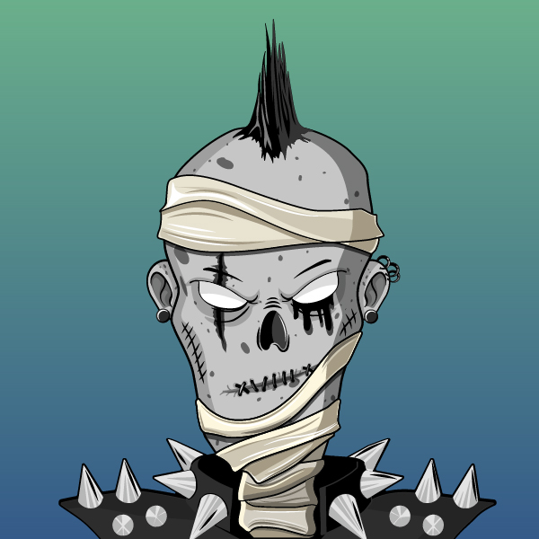 Zombie mummy — a blue-green skull face with wide eyes and pointed teeth, white hair swept to one side, on a purple gradient.