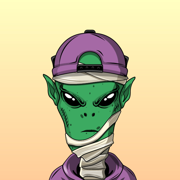 Punk mummy — a grey skull with a black mohawk, spiked ear piercings, and a spiked-stud collar, on a green-to-teal gradient.