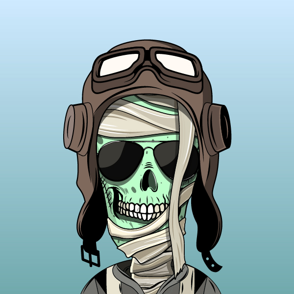 Cyberpunk mummy — blue skin, a black-and-white quiff, magenta headphones, and striped pink shades, over a green hoodie, on a blue-to-magenta gradient.