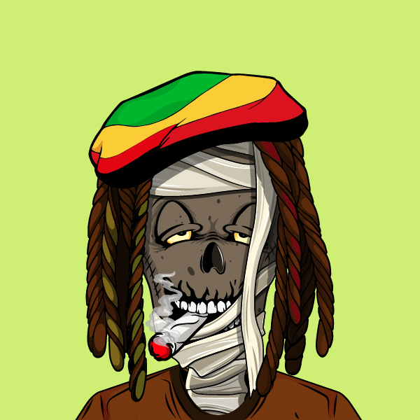 Pirate mummy — a grey skull with an eyepatch, a black skull-and-crossbones pirate hat over a red bandana, and beaded braids, on a pale blue gradient.